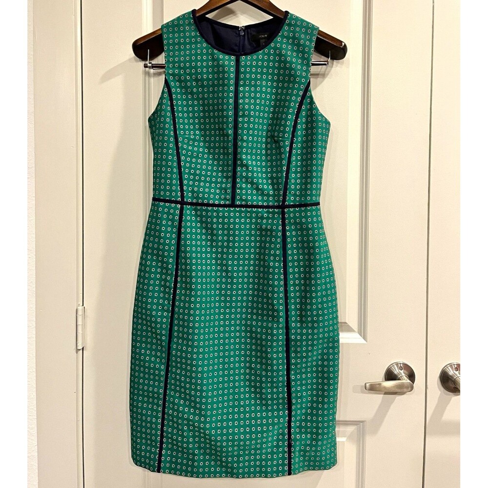 J.CREW Green/Blue Geometric Sheath Dress Pockets Lined Round Neck size 6 0069